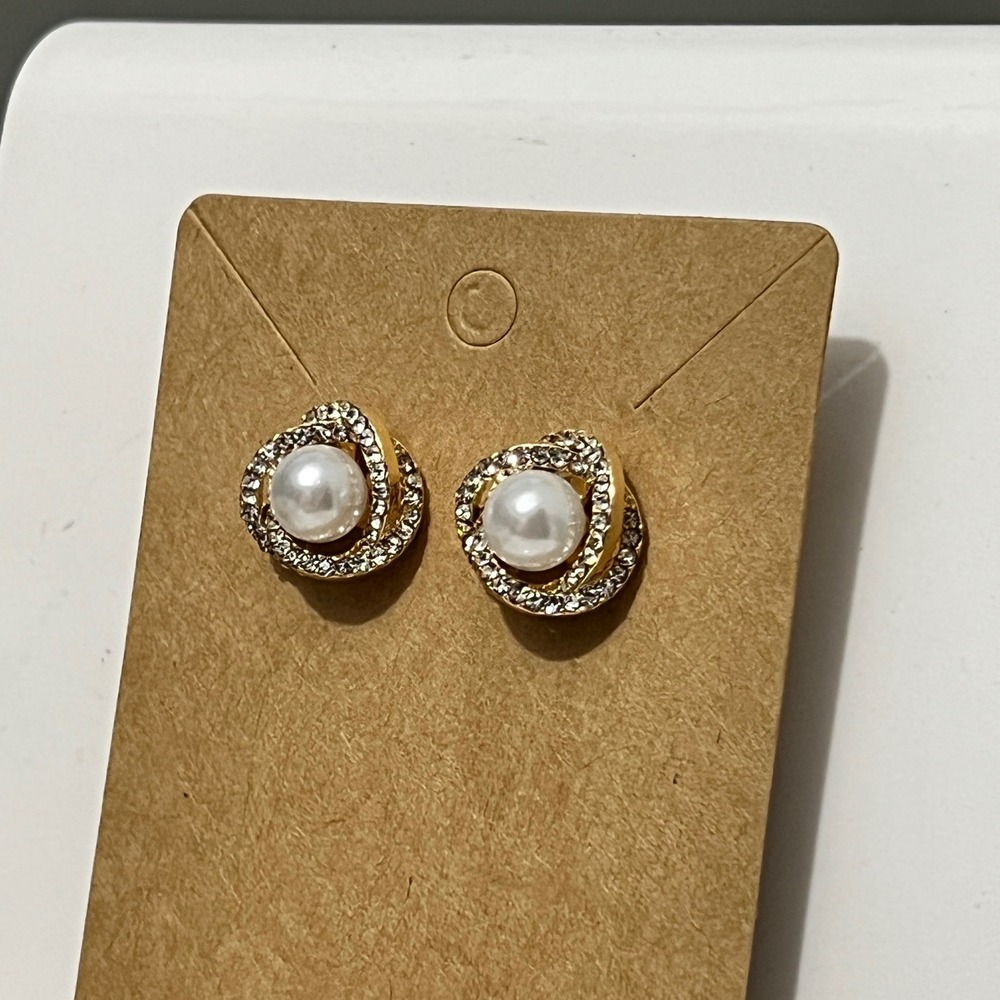 Gold Tone Faux Pearl Crystal Halo Stud Earrings‎ Swirl Design Pave Rhinestone